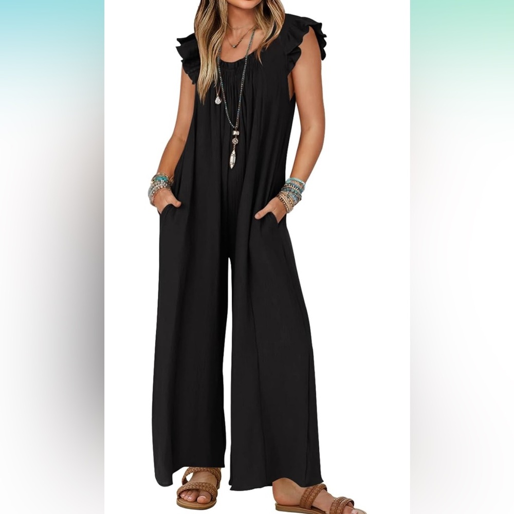 Loose Jumpsuit V Neck Sleeveless Oversized Wide Leg Pant Romper with Pockets